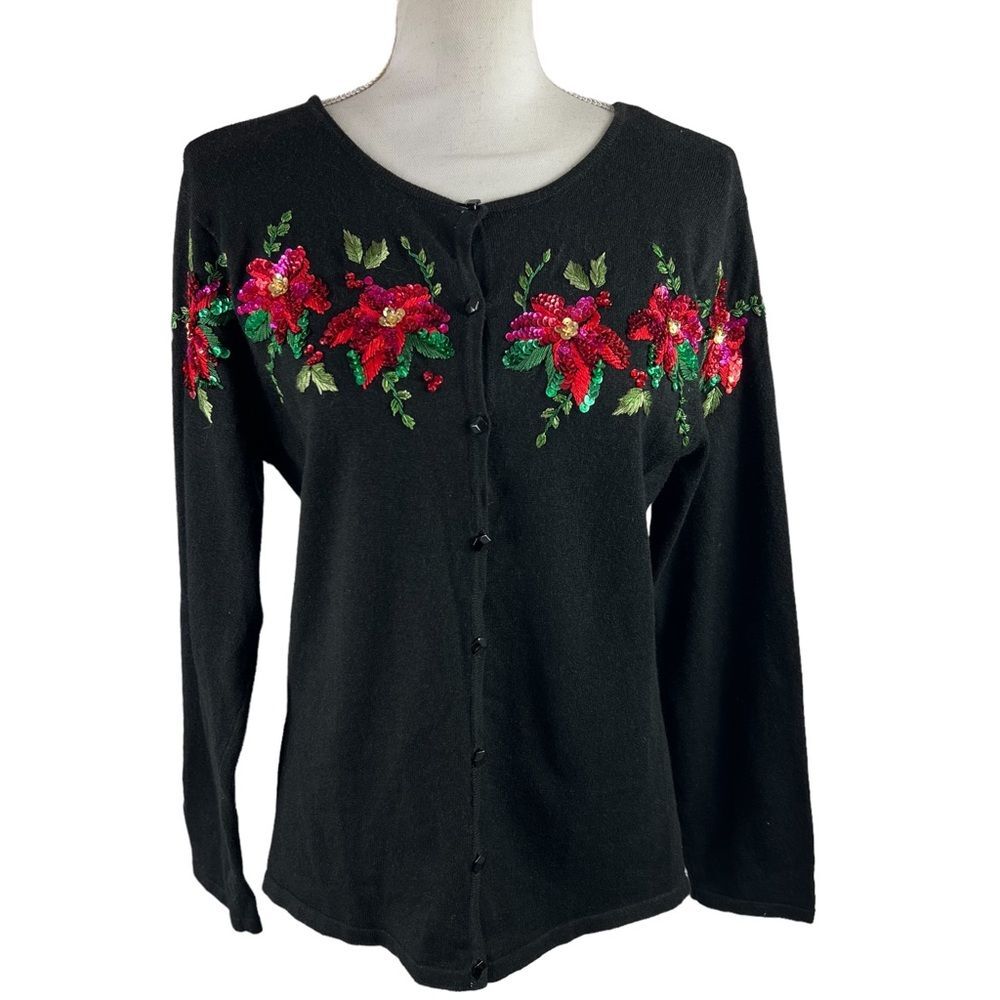 Vintage Christmas Cardigan Tiara International 2004 Black Poinsettia Medium